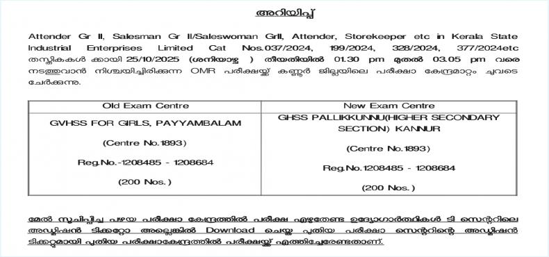 Centre Change - Attender Gr II, Salesman Gr II/Saleswoman GrII, Attender, Storekeeper etc 